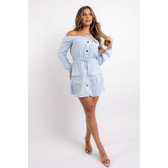 Women's Off Shoulder Cargo Mini Dress Tie Waist Buttons Long Sleeve Blue XS - 3X - Picture 2 of 11